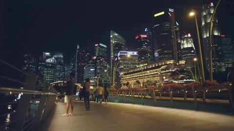 Esplanade Bridge And Downtown Core Skyscrapers In The Background Singapore Night Stock Footage 134924913