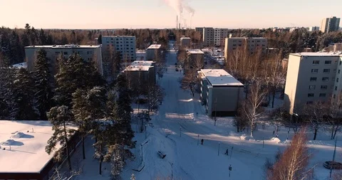 Espoo Finland, Flying up backwards over an area of concrete panel buildings o Stock Footage 102069379