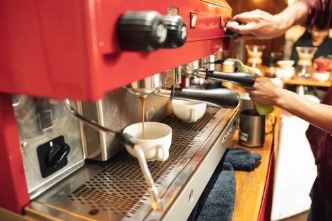 Espresso Brewing In Cafeteria Stock Photos