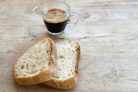 Espresso coffee bread slice breakfast Stock Photos