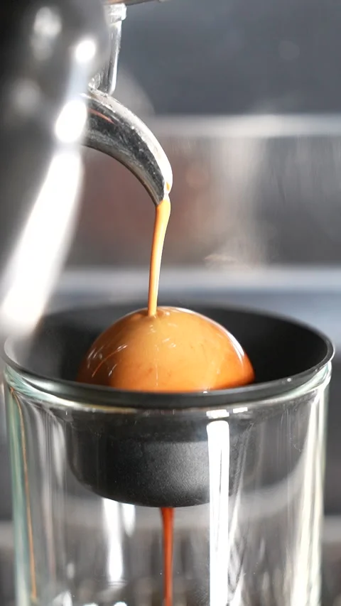Espresso Coffee Brewing with Cold Paragon Sphere in Real Time Close Up Stock Footage 313544741