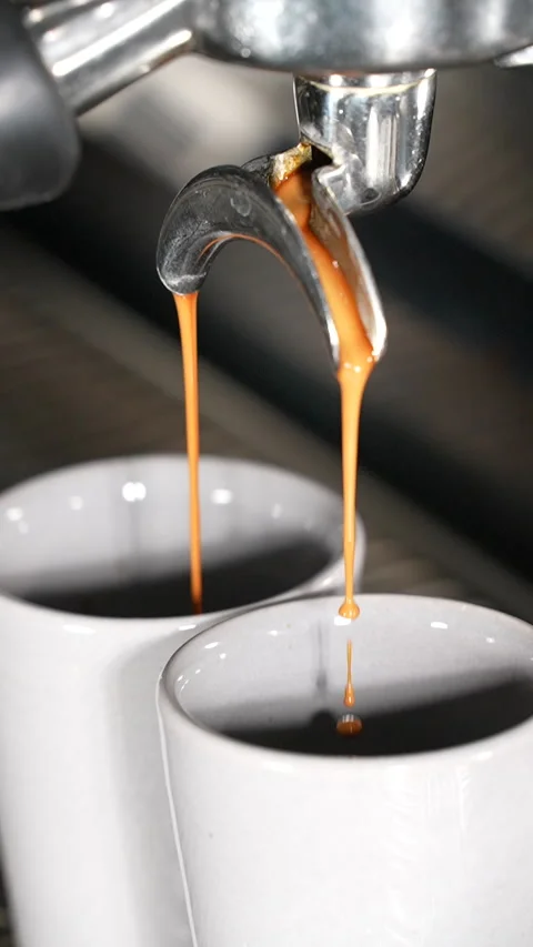 Espresso Coffee Brewing into Cups in Real Time Close Up Stock Footage 313543070