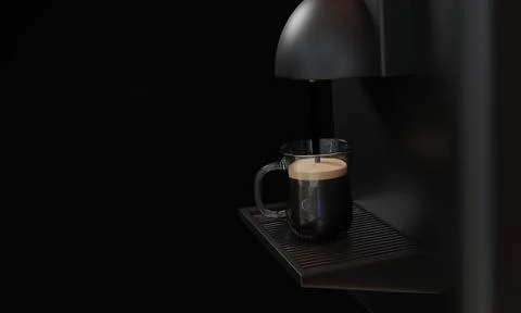 Espresso coffee machine Glossy black and shiny metal. Coffee is pouring int.. 스톡 일러스트
