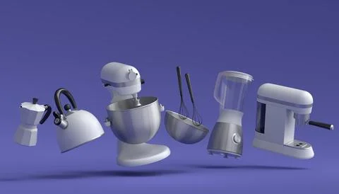 Espresso coffee machine, hand mixer, kettle and toaster on violet background. Stock Illustration