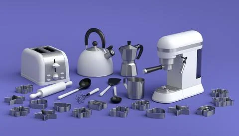 Espresso coffee machine, hand mixer, kettle and toaster on violet background. Stock Illustration