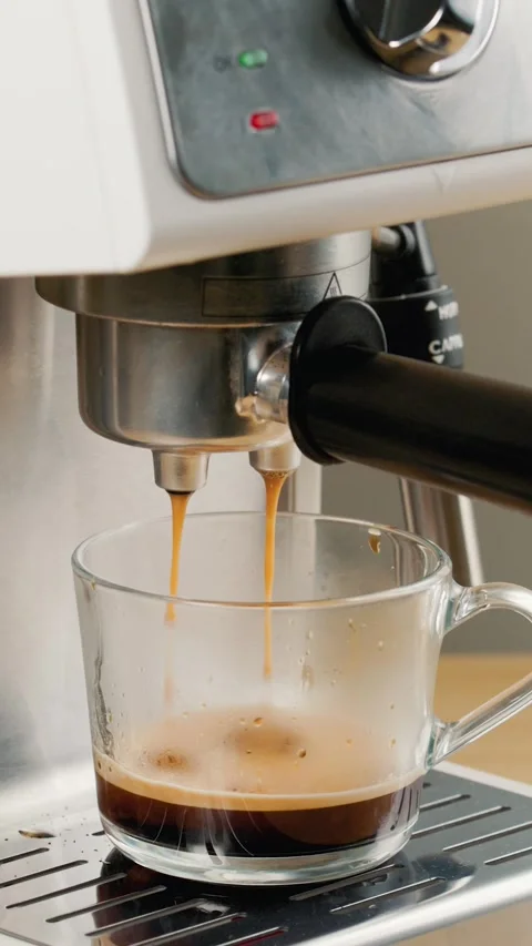 Espresso Coffee Machine Pouring Fresh Coffee Into Glass Cup Stock Footage 341668746