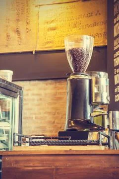Espresso coffee machine with roasted coffee beansv, vintage  style Stock Photos