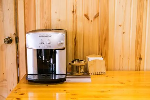 Espresso coffee machine. on woden table. Stock Photos