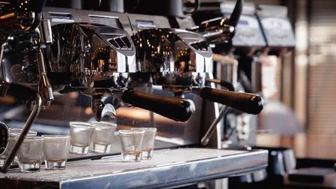 Espresso coffee maker machine inside cafe restaurant, shop, bar ready for ext Stock Photos