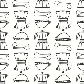 Espresso coffee pattern design. Black and white vector seamless repeat Stock Illustration