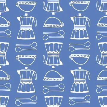Espresso coffee pattern design. Blue and white vector seamless repeat Illustrazione stock