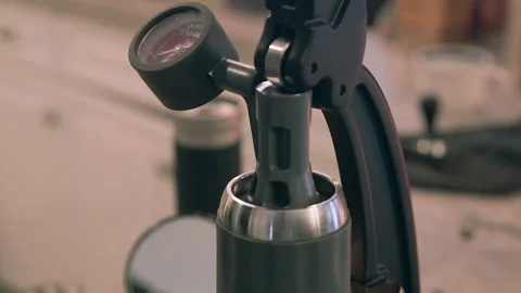 Espresso coffee press close up Video stock 169260435