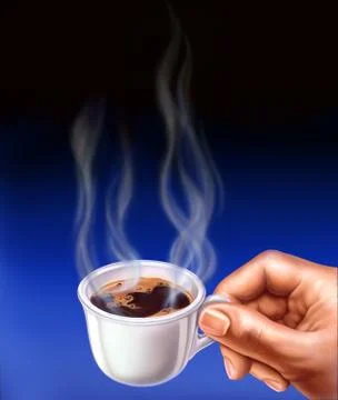 Espresso cup, held by a man hand. Close up airbrush illustration. Stock Illustration