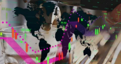 Espresso dripping crema while map overlay animating hand pulling portafilter Stock Footage 318499213