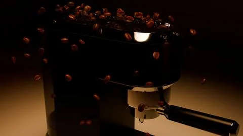 Espresso machine against warm gradient with beans falling and reflections Stock Photos