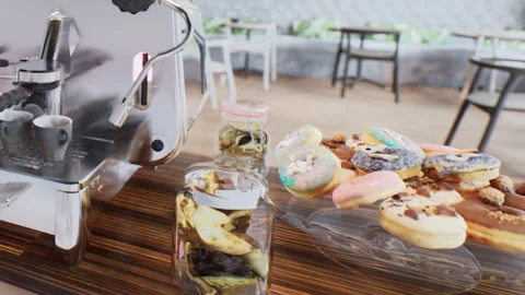 Espresso Machine and Donuts Served on a Wooden Counter Inside a Bright Cafe Stock Footage 348403999