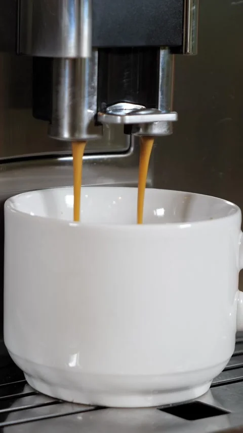 Espresso machine brewing coffee into a white cup Stock-Footage 341191274