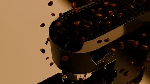 Espresso machine close up with dramatic lighting and beans in the air Stock Photos
