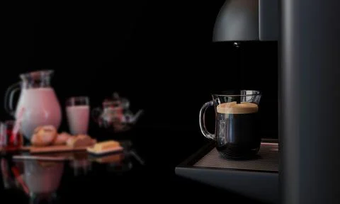 The espresso machine is pouring coffee into a clear glass. Breakfast blur in  Stock Illustration