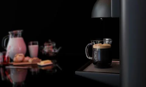 The espresso machine is pouring coffee into a clear glass. Breakfast blur i.. 스톡 일러스트