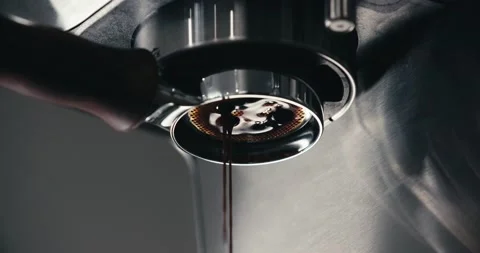 Espresso Machine Pre-infusion Pulling Double Shot Coffee from Bottomless Stock Footage 198992999