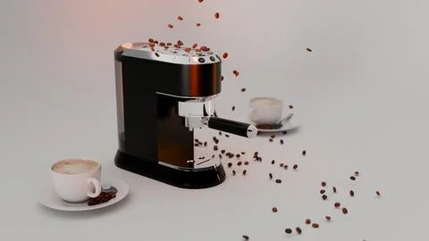 Espresso machine with two cups and beans on pale surface, clean product look Stock Photos