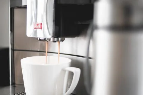 Espresso, pour, machine, black coffee, coffee, italian, white cup, cup, drink Stock Photos