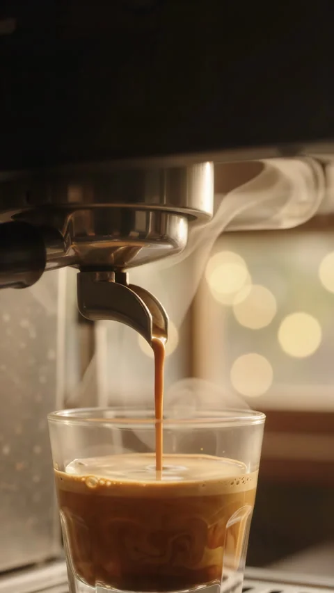 Espresso Pouring from Coffee Machine into Glass Cup, Hot Steam, Warm Bokeh Stock Footage 346247212