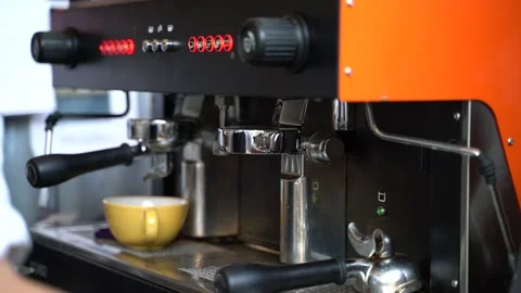 Espresso pouring from coffee pressure machine made hot drink Stock Footage 140841989