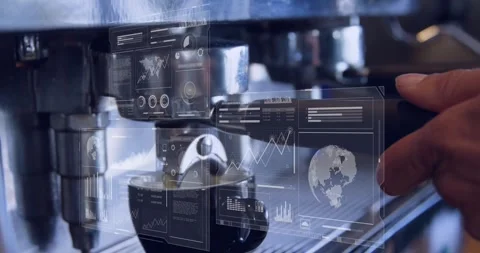 Espresso streaming into cup as data overlays animating barista twisting 스톡 동영상 318475319