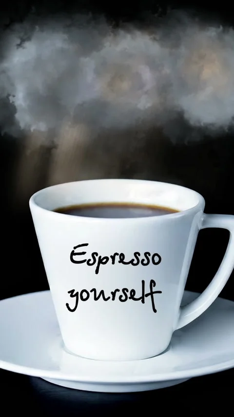 Espresso yourself Coffee Cup With Steam Cloud Sun Rays And Inspirational Gr.. Stock Footage 337738442