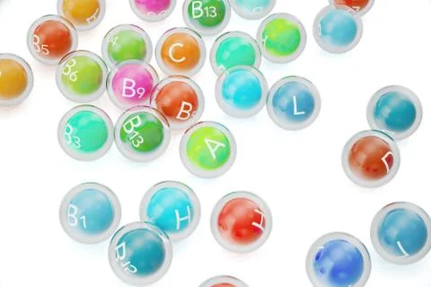 Essential Chemical Elements Nutrient Minerals Vitamins. 3d rendering Illustrazione stock