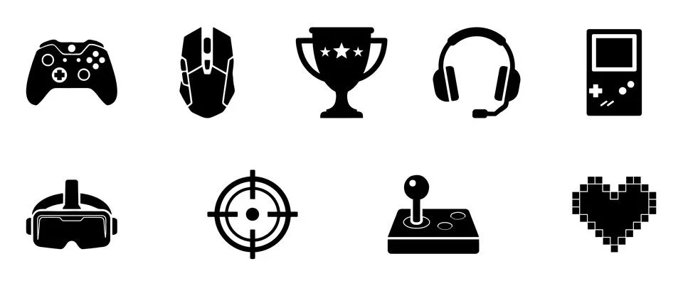Essential collection of gaming controller, VR headset, trophy, and esports .. Stock Illustration