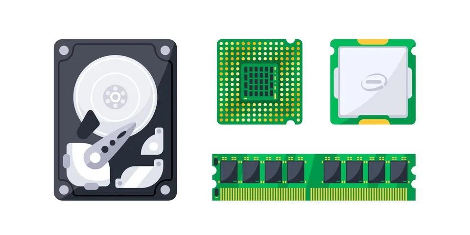 Essential computer hardware components laying on a white background including Stock-Illustration