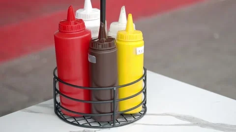 Essential condiments organized in a metal caddy on a white marble table top. Stock Footage 332578669