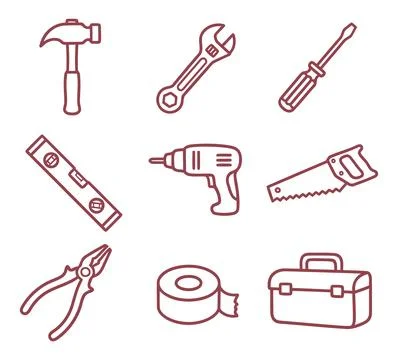 Essential Construction Tools Icon Set with Hammer Drill Saw and Toolbox Stock Illustration