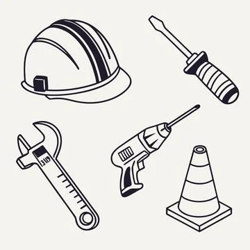 Essential construction worker tools equipment set outline icons Illustrazione stock