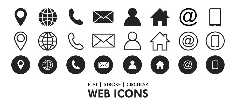 Essential Flat Stroke Circular Web Icon Set Phone Contact Location Button Stock Illustration
