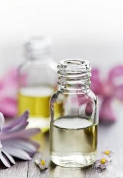 Essential flower oils for aromatherapy Stock Photos