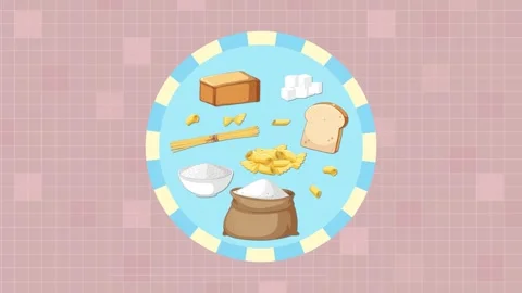 Essential food ingredients in dynamic motion including flour, sugar cubes, .. Stock Footage 333694442