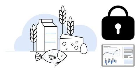 Essential Food Items and Data Security Concept with Lock and Analytics Chart イラスト素材