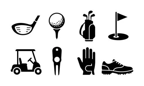 Essential golf equipment and accessories silhouettes for sports design projec Stock-Illustration