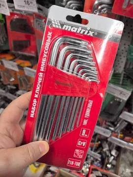 Essential hex key set for DIY enthusiasts and repairs at local hardware store Stock Photos
