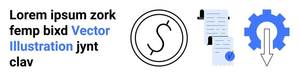 Essential objects include text, circular logo with currency symbol, documents イラスト素材