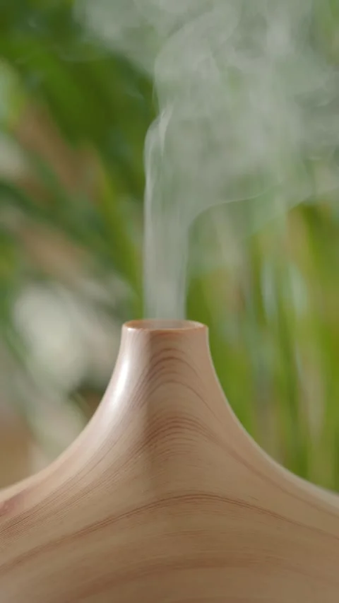 Essential oil diffuser releases calming mist indoors Video stock 324357416