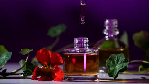 Essential Oil Product. Drops falling from cosmetic pipette to perfume bottle Stock Footage 144483158