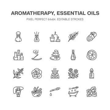Essential oils aromatherapy vector flat line icons set. Elements - aroma therapy Illustrazione stock