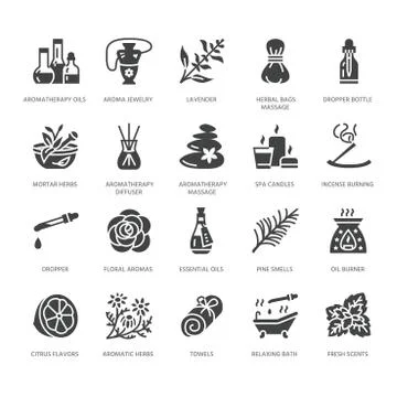 Essential oils aromatherapy vector flat glyph icons set. Elements - aroma Stock Illustration