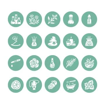 Essential oils aromatherapy vector flat glyph icons set. Elements - aroma イラスト素材