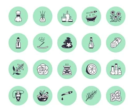 Essential oils aromatherapy vector flat line icons set. Elements - aroma therapy Illustrazione stock
